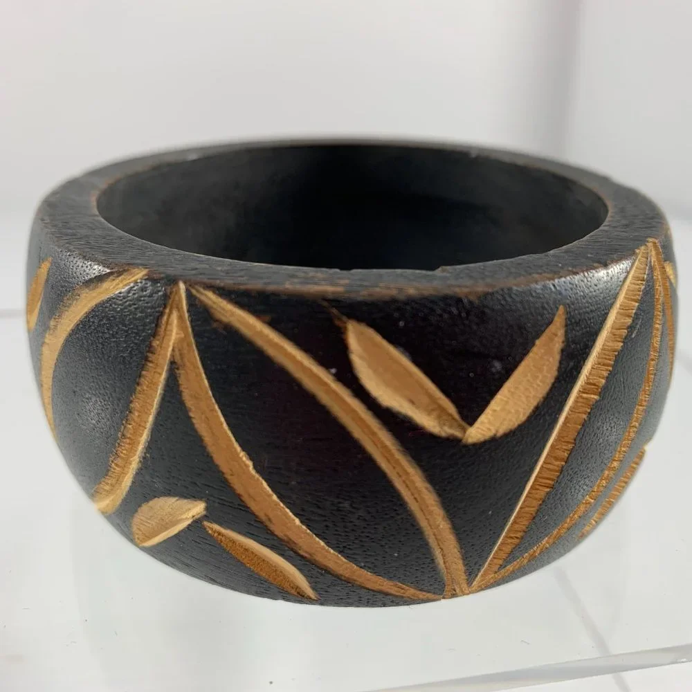 Wood Etched Bangle Bracelet Black Brown Leaf Pattern Ethnic 1.5